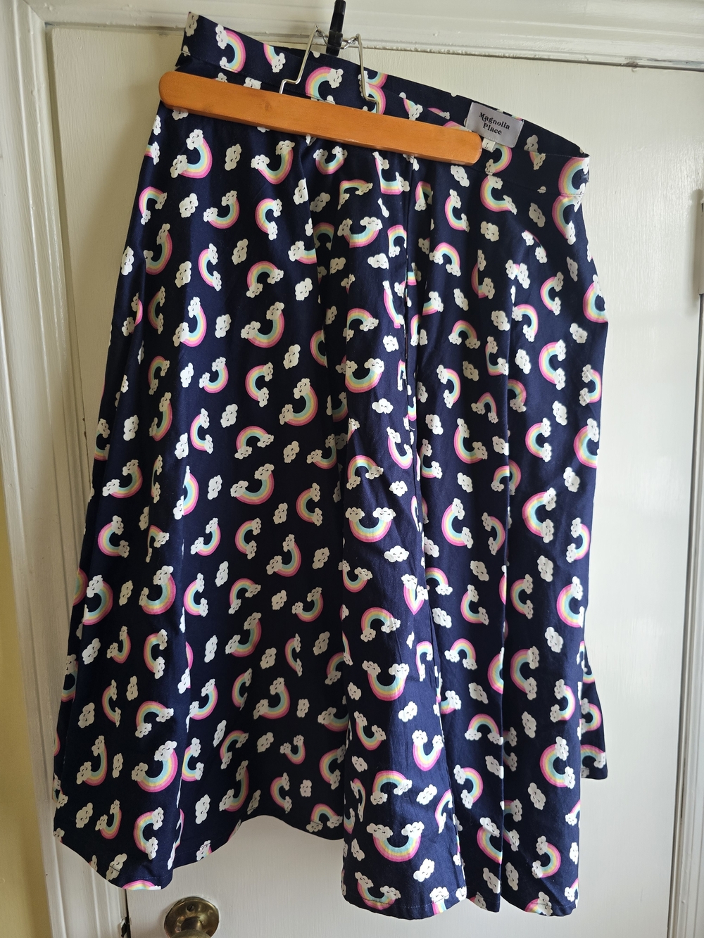 Navy Rainbow Print A-Line Skirt Unique Vintage
